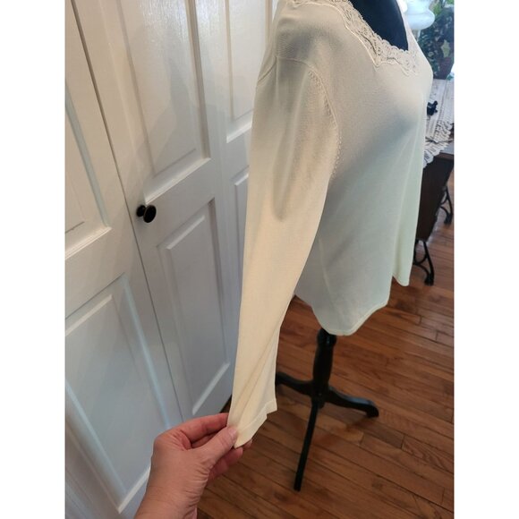 Vintage y2k Cream Fine Gauge Sweater Lace Trim Stretch L Fairy Coquette Cottage - Picture 6 of 7
